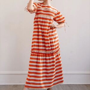 Sunshine Tienda HIDALGO STRIPE KATRIN DRESS Maxi Length Orange Blue Size Small.